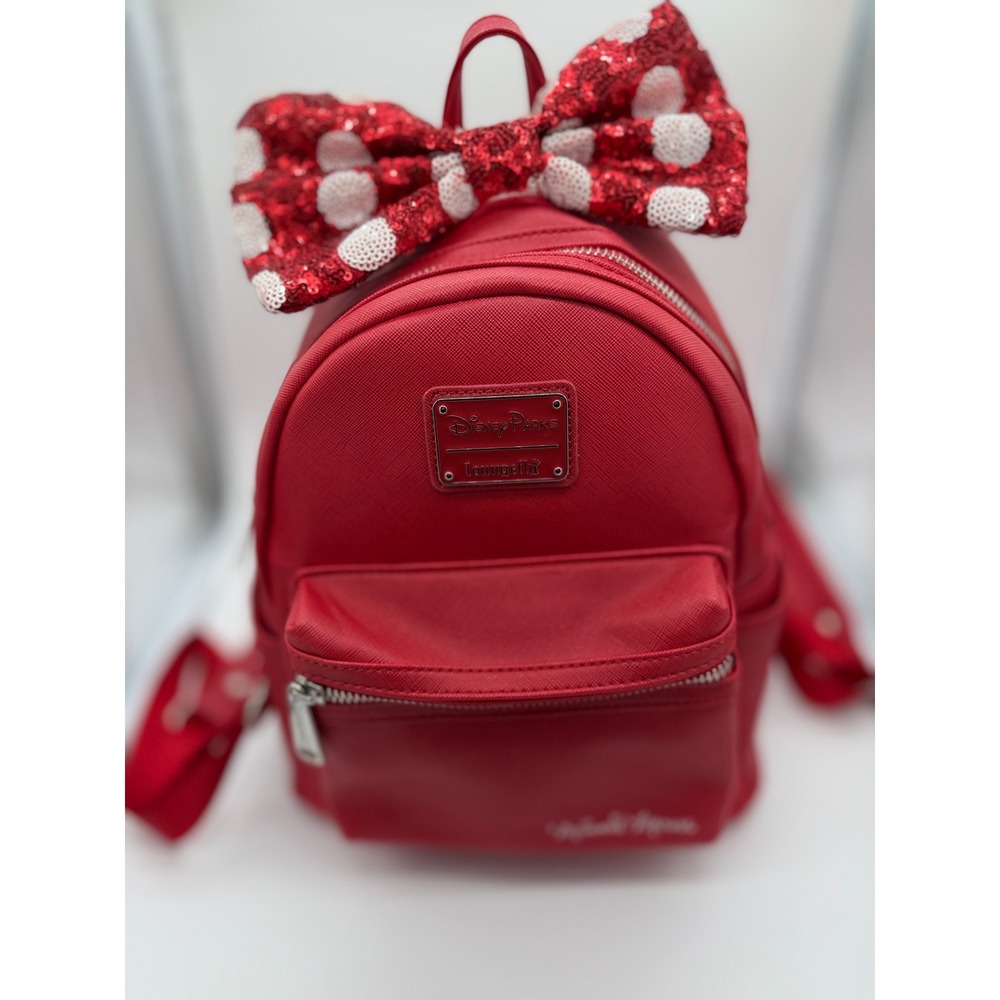 Disney Parks Loungefly Minnie Mouse Red Mini Backpack Sequined Bow AUTOGRAPHED